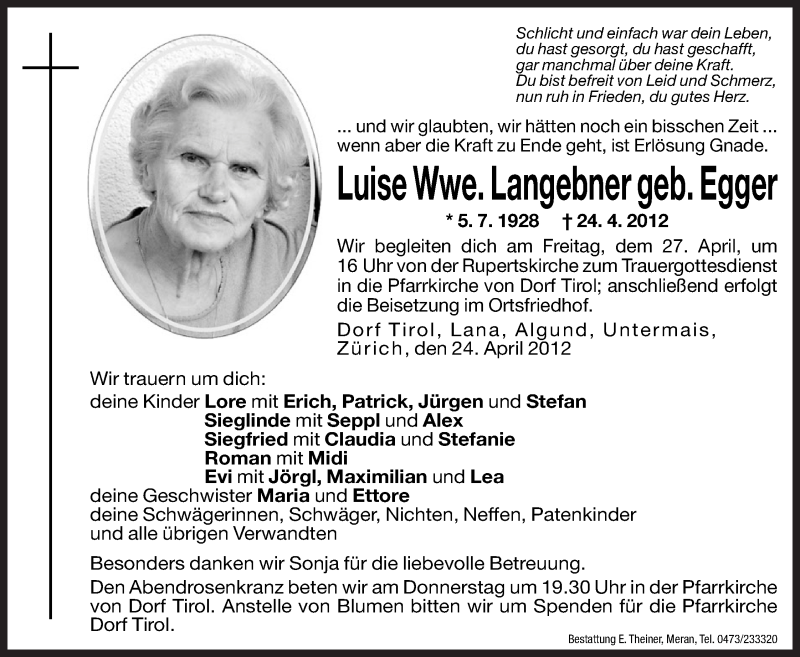  Traueranzeige für Luise Langebner vom 26.04.2012 aus Dolomiten