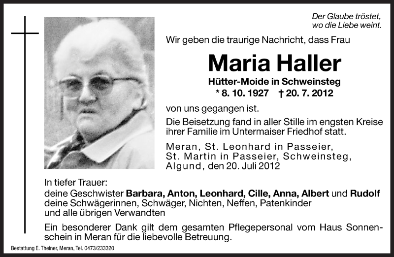  Traueranzeige für Maria Haller vom 27.07.2012 aus Dolomiten