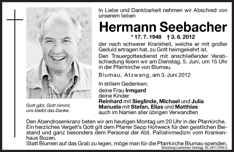  Traueranzeige für Hermann Seebacher vom 04.06.2012 aus Dolomiten