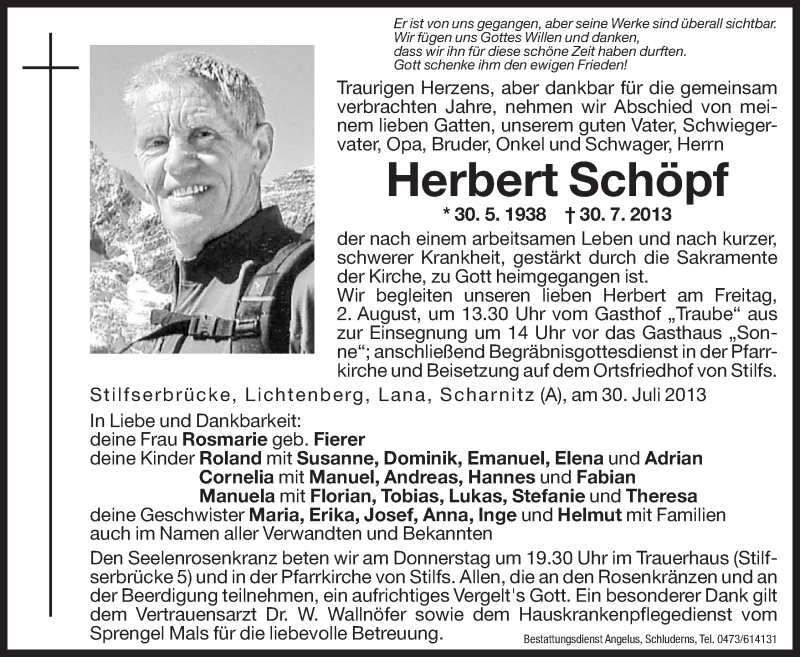  Traueranzeige für Herbert Schöpf vom 01.08.2013 aus Dolomiten