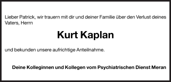 Traueranzeige von Kurt Kaplan von Dolomiten