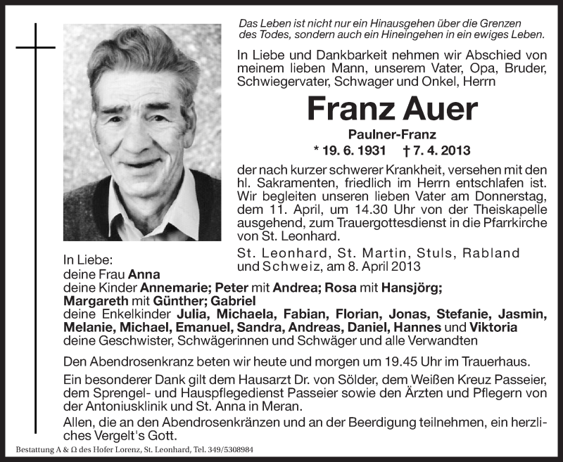  Traueranzeige für Franz Auer vom 09.04.2013 aus Dolomiten