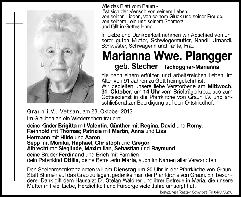  Traueranzeige für Marianna Plangger vom 30.10.2012 aus Dolomiten