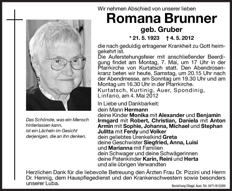  Traueranzeige für Romana Brunner vom 05.05.2012 aus Dolomiten