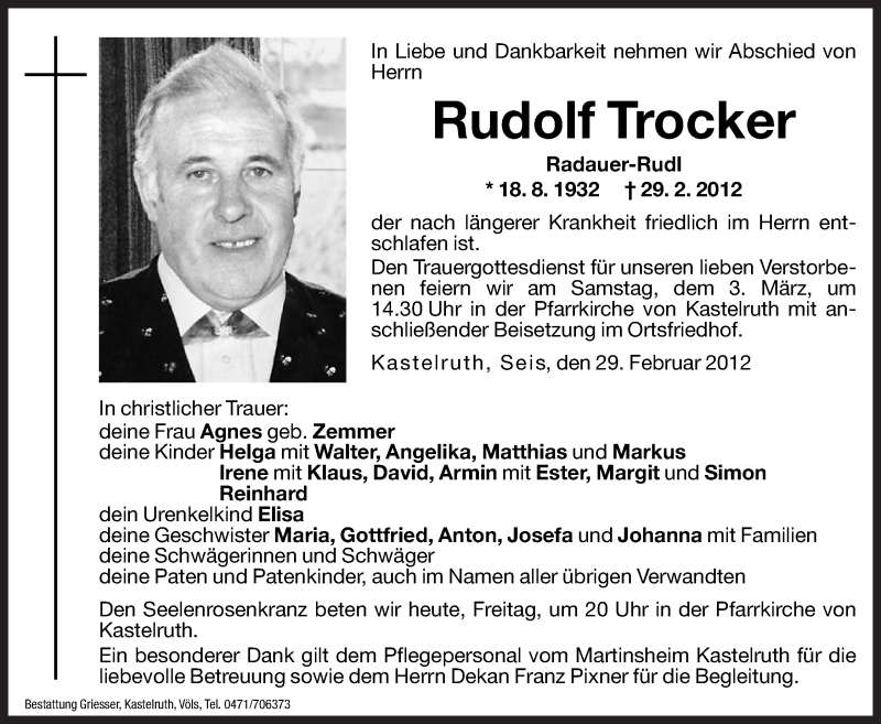  Traueranzeige für Rudolf Trocker vom 02.03.2012 aus Dolomiten