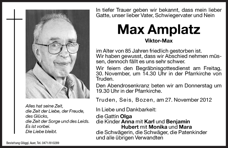  Traueranzeige für Max Amplatz vom 29.11.2012 aus Dolomiten