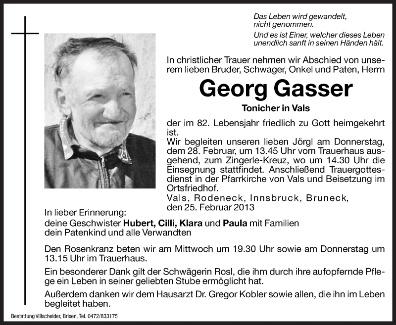  Traueranzeige für Georg Gasser vom 27.02.2013 aus Dolomiten