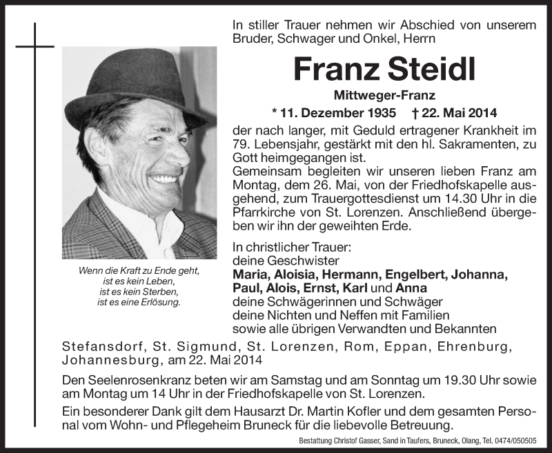  Traueranzeige für Franz Steidl vom 24.05.2014 aus Dolomiten