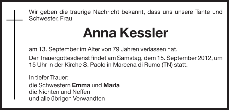  Traueranzeige für Anna Kessler vom 14.09.2012 aus Dolomiten