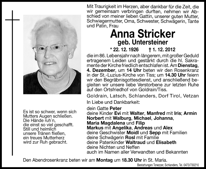  Traueranzeige für Anna Stricker vom 03.12.2012 aus Dolomiten