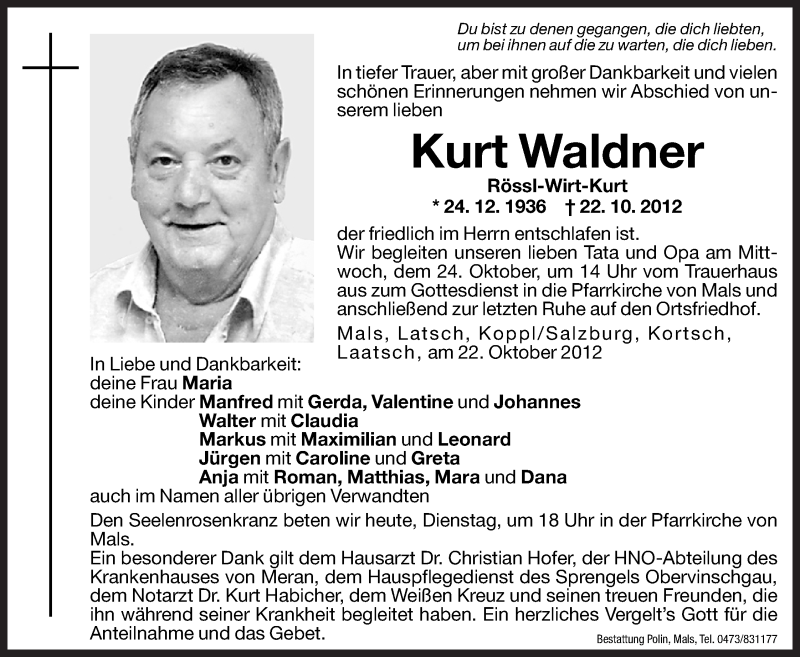  Traueranzeige für Kurt Waldner vom 23.10.2012 aus Dolomiten