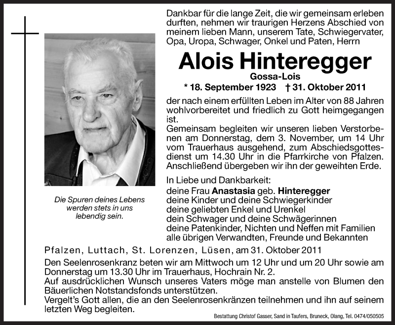  Traueranzeige für Alois Hinteregger vom 11.02.2011 aus Dolomiten