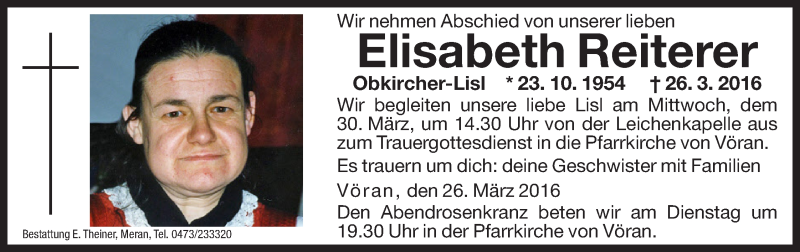  Traueranzeige für Elisabeth Reiterer vom 29.03.2016 aus Dolomiten