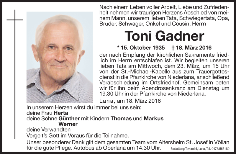  Traueranzeige für Toni Gadner vom 21.03.2016 aus Dolomiten