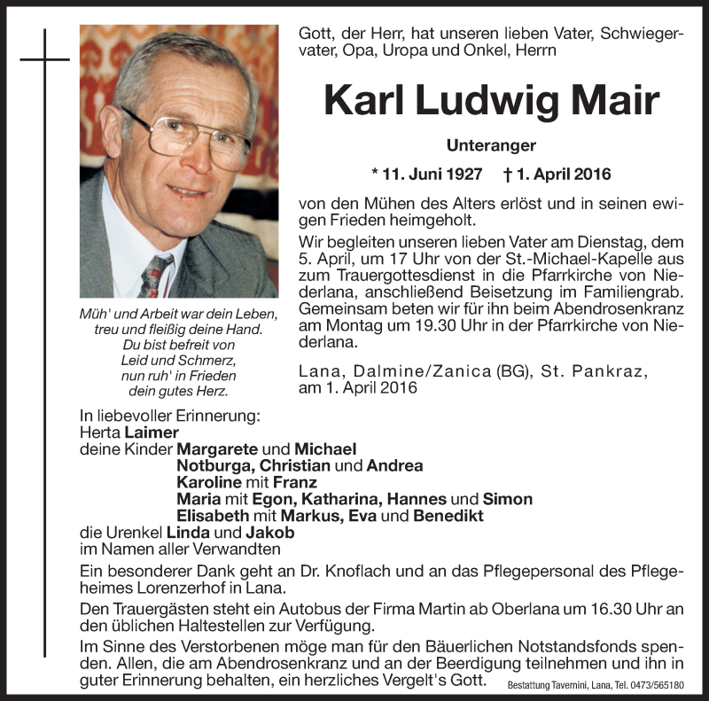  Traueranzeige für Karl Ludwig Mair vom 04.04.2016 aus Dolomiten