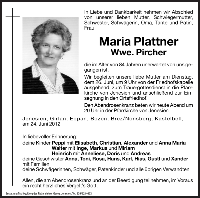  Traueranzeige für Maria Pircher vom 25.06.2012 aus Dolomiten