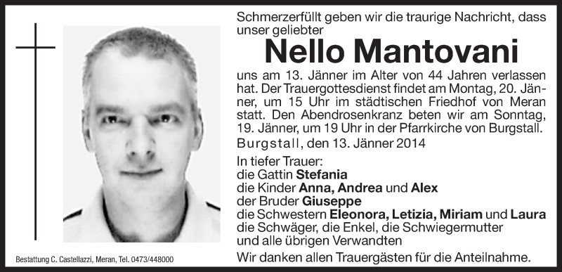  Traueranzeige für Nello Mantovani vom 18.01.2014 aus Dolomiten