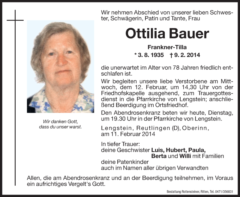  Traueranzeige für Ottilia Bauer vom 11.02.2014 aus Dolomiten