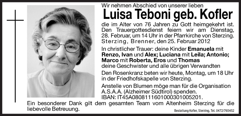  Traueranzeige für Luisa Teboni vom 27.02.2012 aus Dolomiten