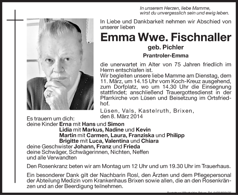  Traueranzeige für Emma Fischnaller vom 10.03.2014 aus Dolomiten