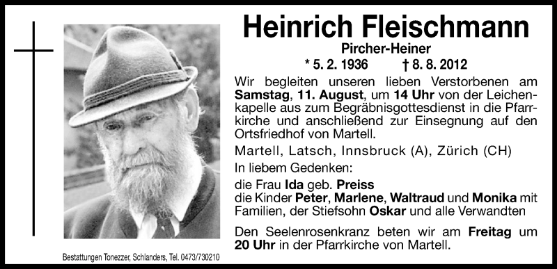  Traueranzeige für Heinrich Fleischmann vom 10.08.2012 aus Dolomiten