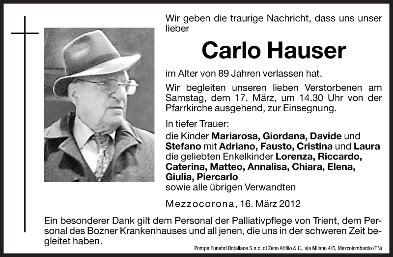  Traueranzeige für Carlo Hauser vom 17.03.2012 aus Dolomiten