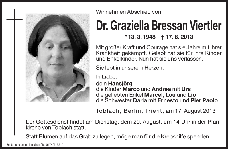  Traueranzeige für Graziella Bressan Viertler vom 19.08.2013 aus Dolomiten