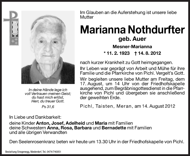  Traueranzeige für Marianna Nothdurfter vom 17.08.2012 aus Dolomiten