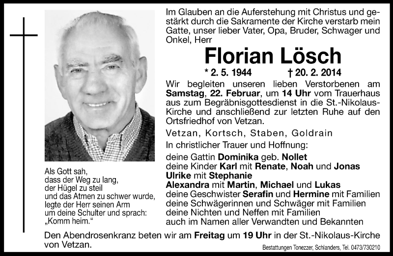  Traueranzeige für Florian Lösch vom 21.02.2014 aus Dolomiten