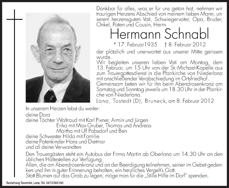  Traueranzeige für Hermann Schnabl vom 10.02.2012 aus Dolomiten