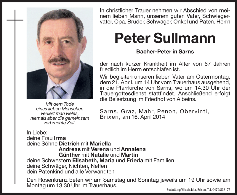  Traueranzeige für Peter Sullmann vom 18.04.2014 aus Dolomiten