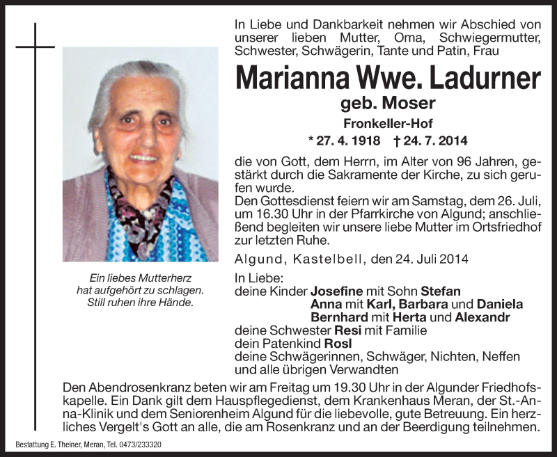  Traueranzeige für Marianna Ladurner vom 25.07.2014 aus Dolomiten