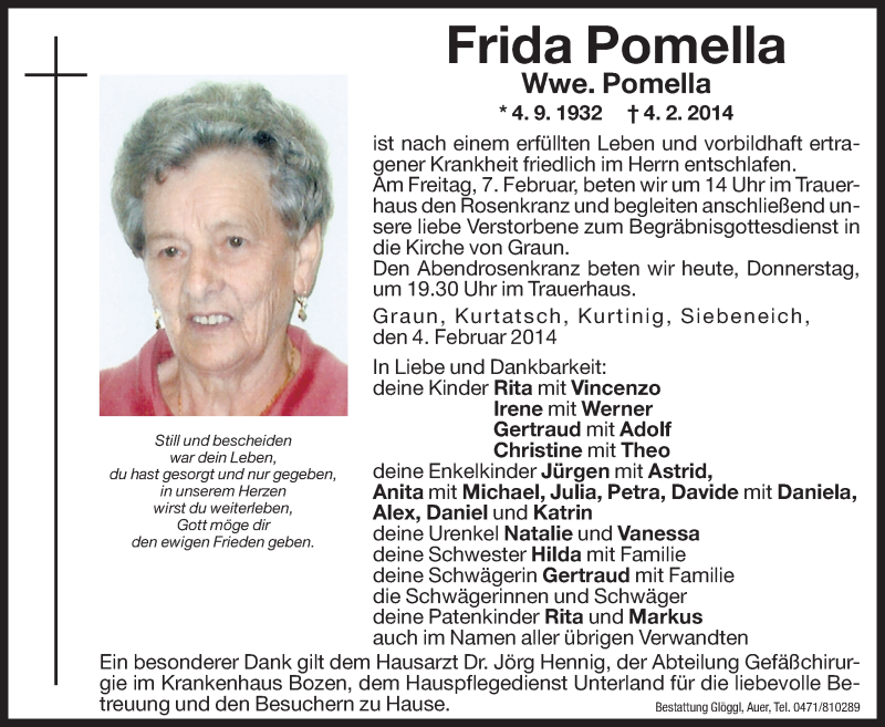  Traueranzeige für Frida Pomella vom 06.02.2014 aus Dolomiten