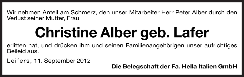  Traueranzeige für Christine Alber vom 11.09.2012 aus Dolomiten