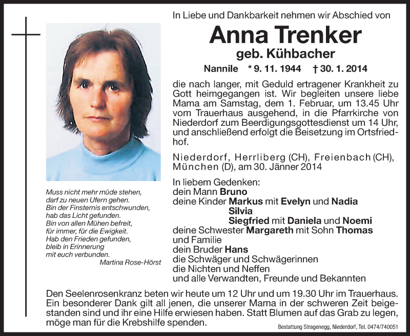  Traueranzeige für Anna Trenkner vom 31.01.2014 aus Dolomiten