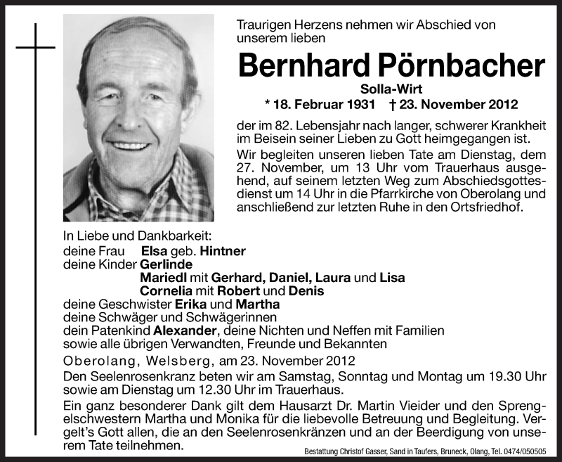  Traueranzeige für Bernhard Pörnbacher vom 24.11.2012 aus Dolomiten