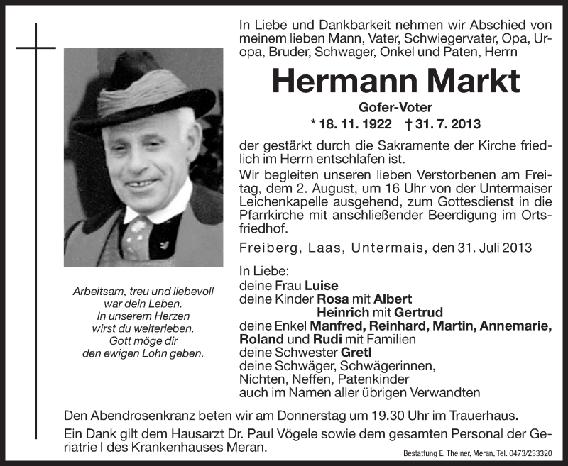  Traueranzeige für Hermann Markt vom 01.08.2013 aus Dolomiten