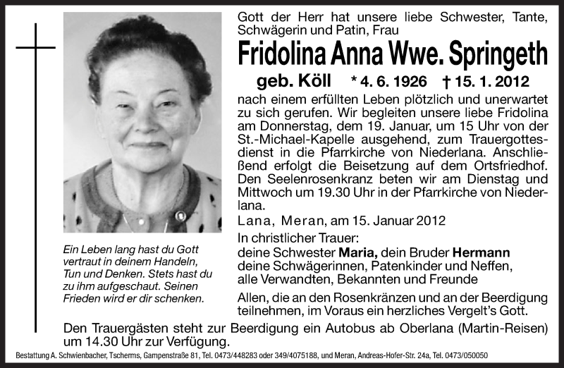  Traueranzeige für Frieda Springeth vom 17.01.2012 aus Dolomiten