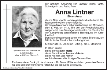 Traueranzeigen von Anna Lintner | Trauer.bz