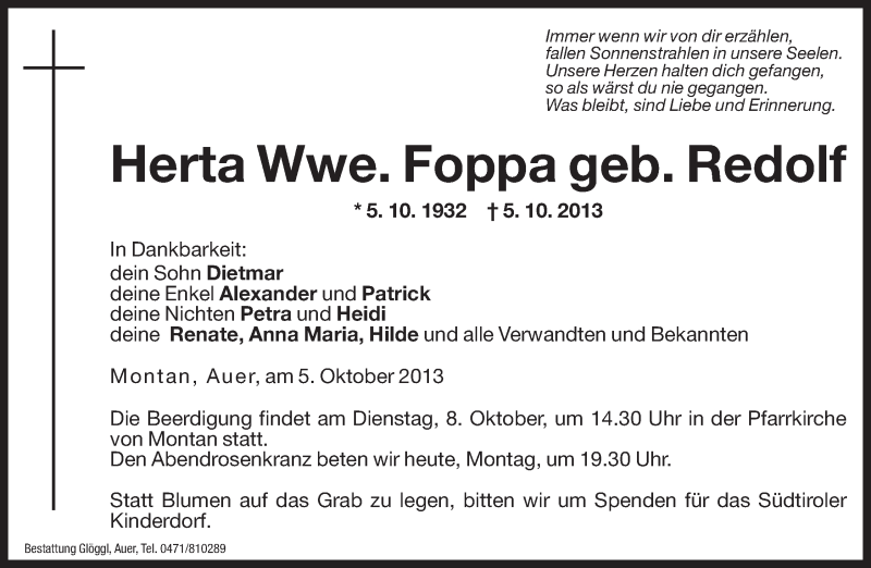  Traueranzeige für Herta Foppa vom 07.10.2013 aus Dolomiten