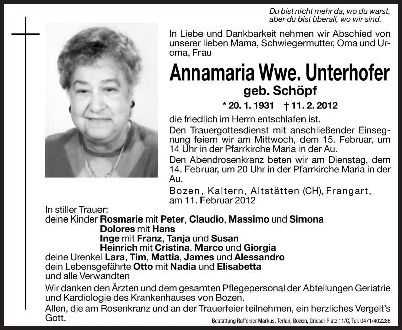  Traueranzeige für Annamaria Schöpf vom 13.02.2012 aus Dolomiten