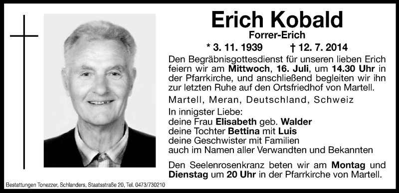  Traueranzeige für Erich Kobald vom 14.07.2014 aus Dolomiten