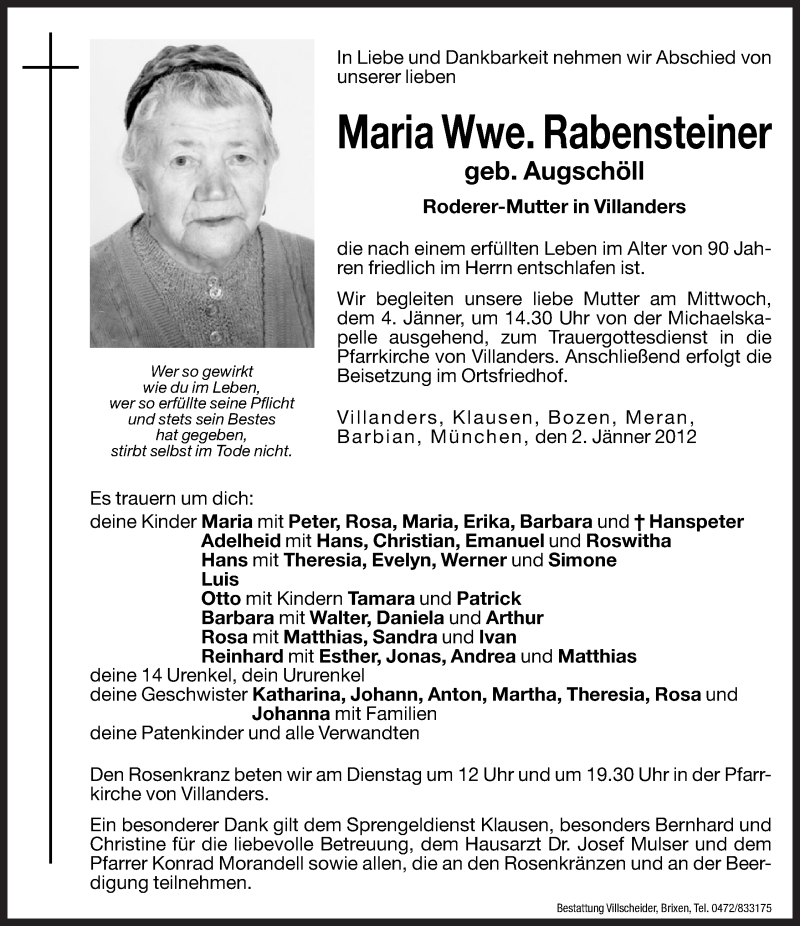  Traueranzeige für Maria Rabensteiner vom 03.01.2012 aus Dolomiten