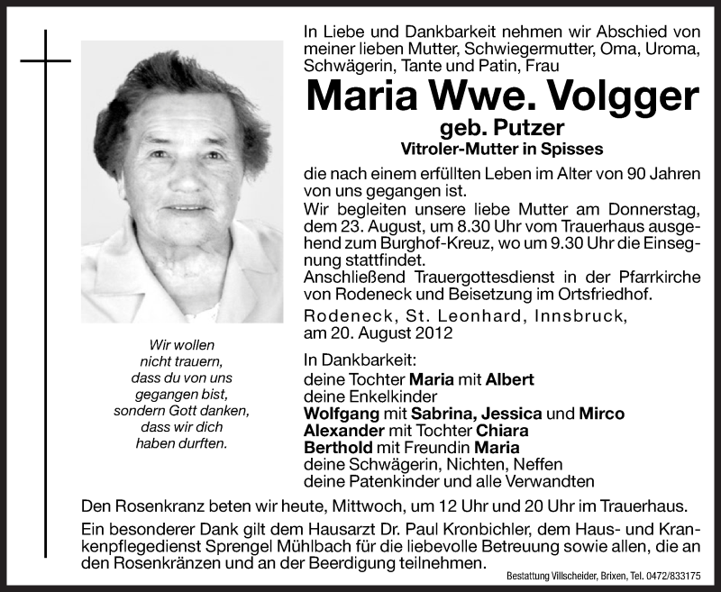  Traueranzeige für Maria Volgger vom 01.01.0001 aus Dolomiten