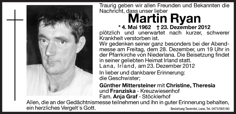  Traueranzeige für Martin Ryan vom 28.12.2012 aus Dolomiten