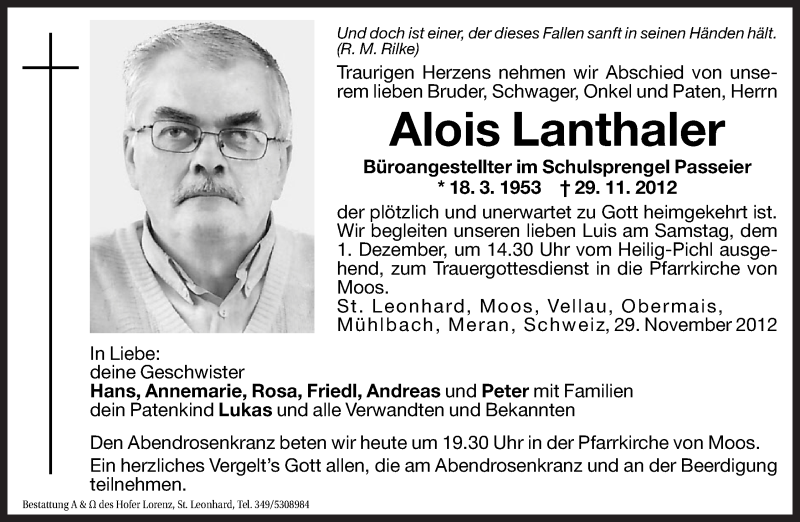  Traueranzeige für Alois Lanthaler vom 30.11.2012 aus Dolomiten