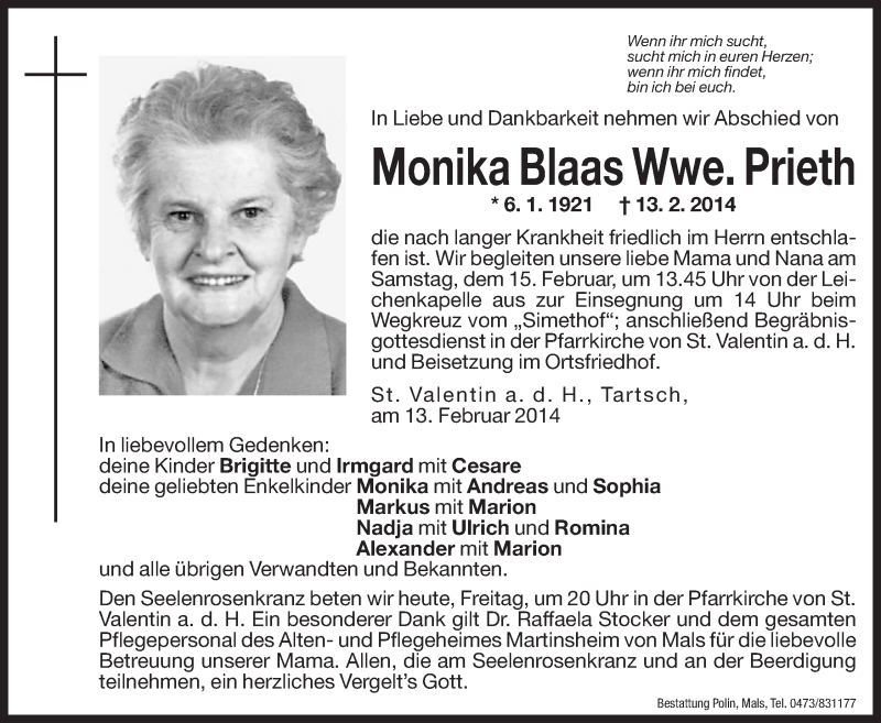  Traueranzeige für Monika Prieth vom 14.02.2014 aus Dolomiten