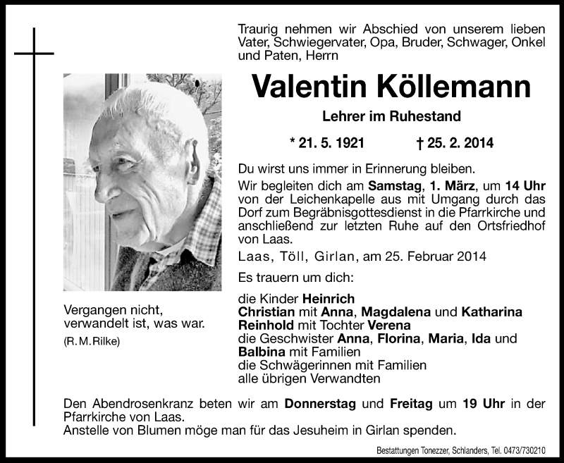  Traueranzeige für Valentin Köllemann vom 27.02.2014 aus Dolomiten