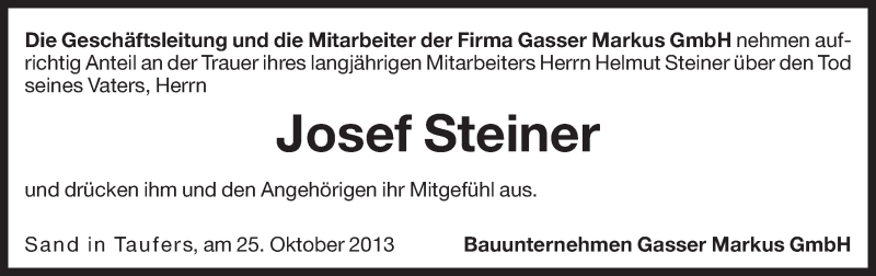  Traueranzeige für Josef Steiner vom 26.10.2013 aus Dolomiten