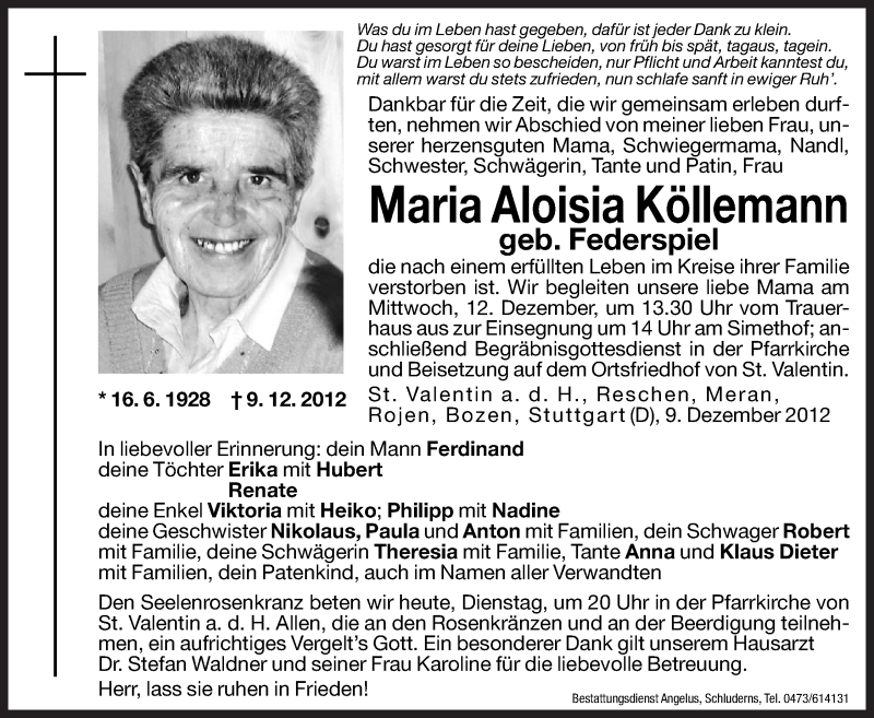  Traueranzeige für Maria Aloisia Köllemann vom 11.12.2012 aus Dolomiten